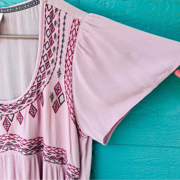 Flutter Short Sleeve Embroidered BOHO EMPIRE WAIST Dress MAUVE DUSTY PINK LARGE - Picture 5 of 11